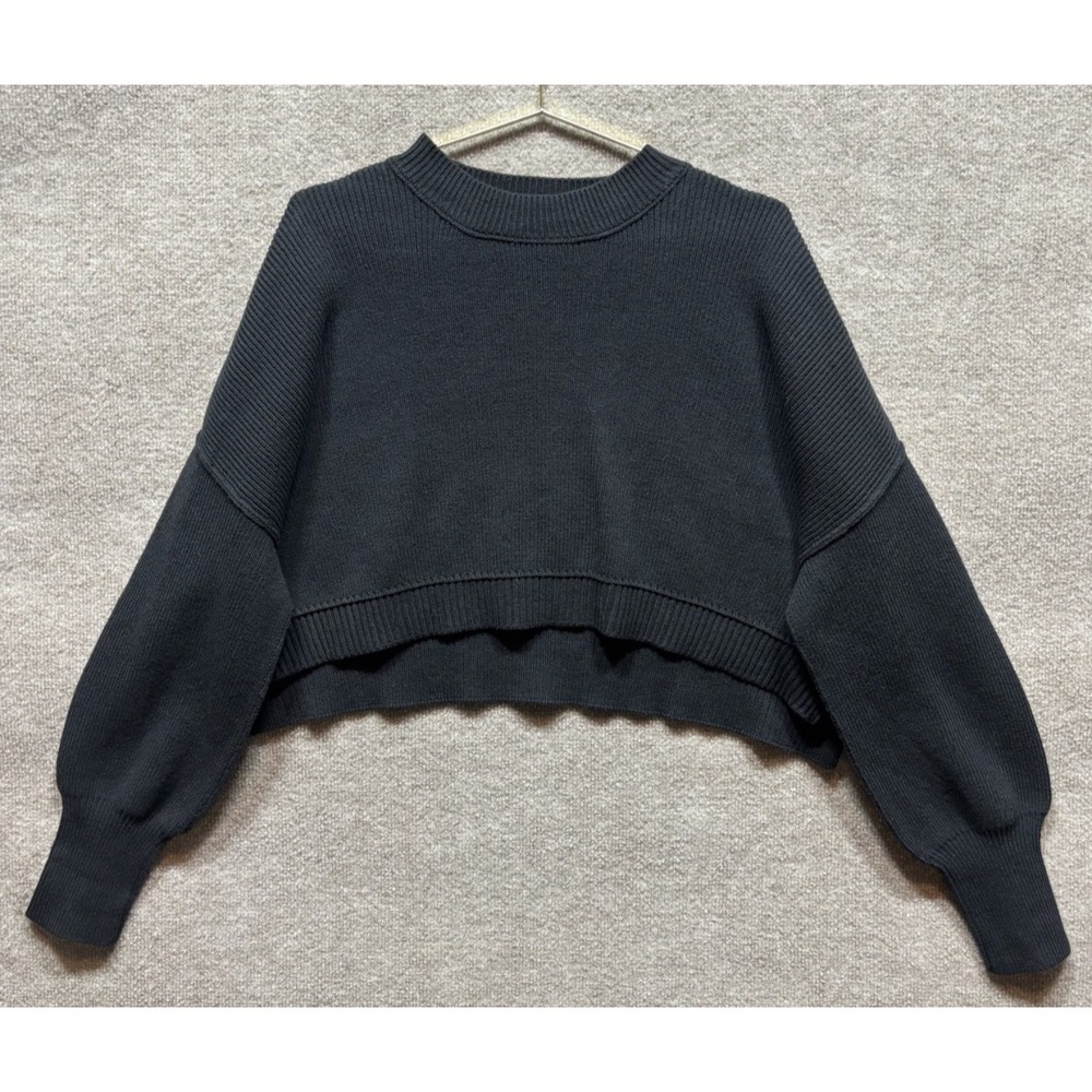 Free People Easy Street Cropped Sweater Women Medium Black Ribbed Mock Neck EUC